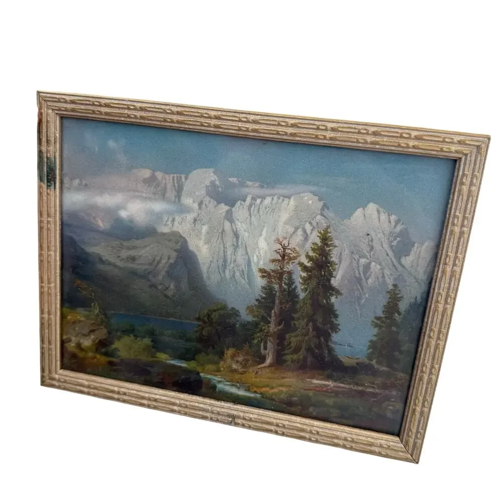 Vintage Wood Framed August Wilhelm Leu Mountain Range Lake Print art 6.5x8.5